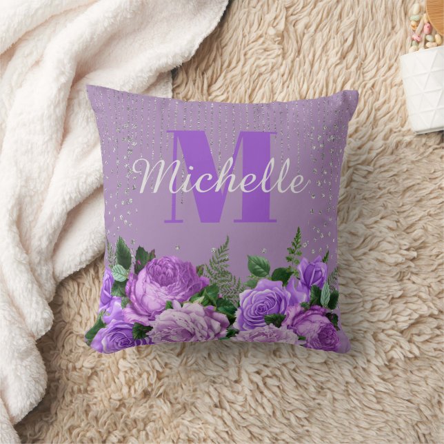 Almofada Monograma Floral Roxo Glitter Prateado Fofo  (Cobertor)