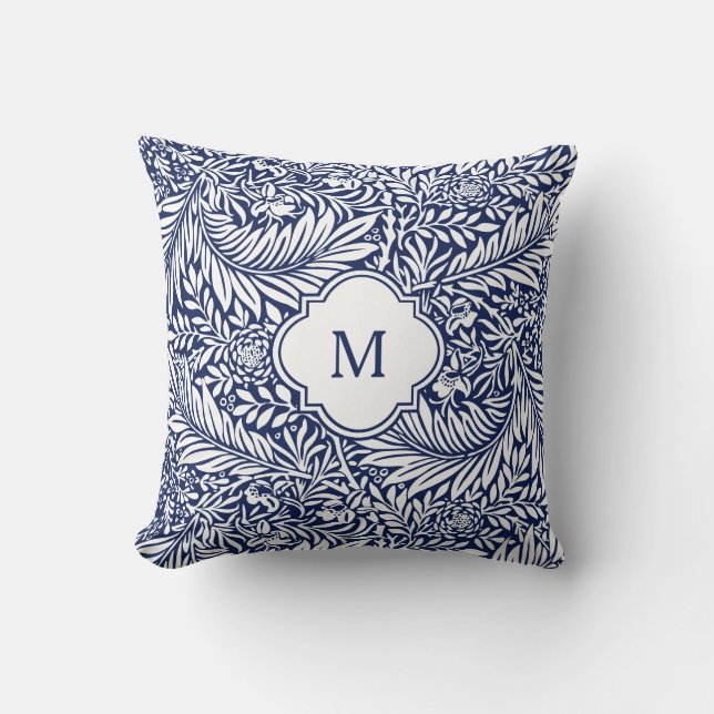 Almofada Monograma Folhagem Floral William Morris Blue Whit (Frente)
