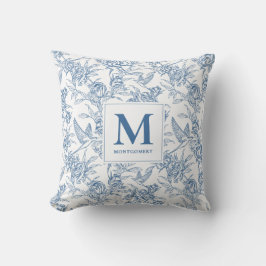 Almofada Monograma Francês Azul Vintage Floral Toile de Jou
