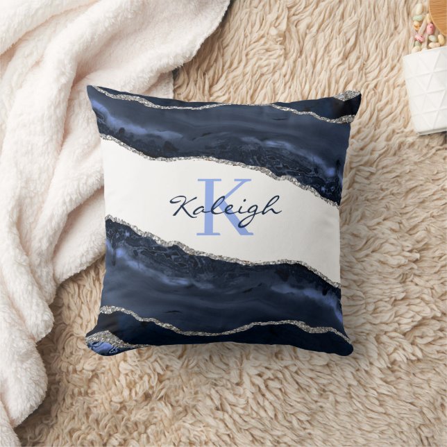 Almofada Monograma Glitter Prata com Mármore Azul Naval Ele (Cobertor)