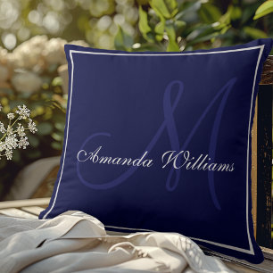 Almofada Monograma inicial branco azul escura Elegante