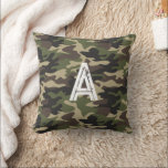 Almofada Monograma inicial Camuflagem verde-castanha<br><div class="desc">Este travesseiro decorativo apresenta um padrão de camuflagem tradicional em azeitona,  verde-floresta,  castanho e bronzeado. Personalize com um monograma para um presente de excelente para crianças! A parte de trás contém o mesmo padrão que a frente.</div>