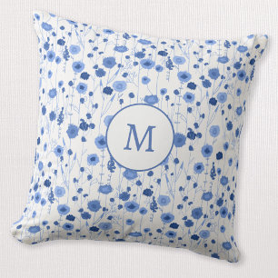 Almofada Monograma Inicial Floral Azul Branco Flor Silvestr