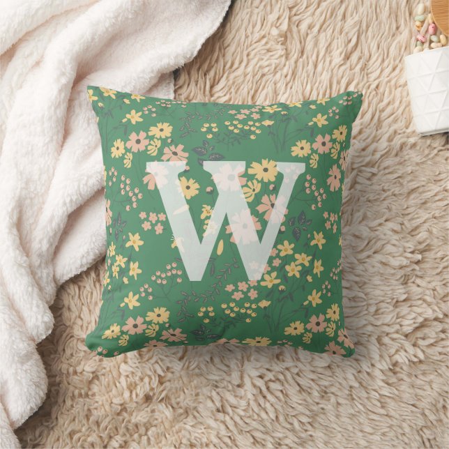 Almofada Monograma Inicial Floral Verde Boho Moderno (Cobertor)