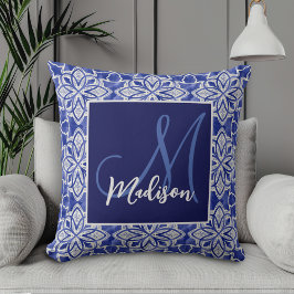 Almofada Monograma Inicial Geométrico Azul Elegante