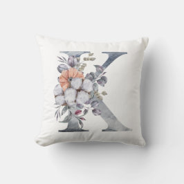 Almofada Monograma K, Floral Aquarela Azul Bege Branco