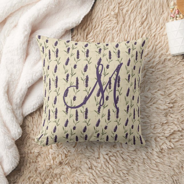 Almofada Monograma Lavanda Bege Botânico Floral (Cobertor)
