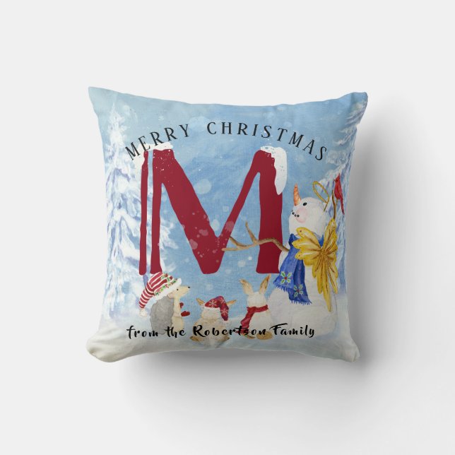 Almofada Monograma - Letra M Angel Snowman Natal (Frente)