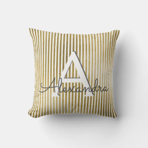 Almofada Monograma listrado & inicial da folha branca e