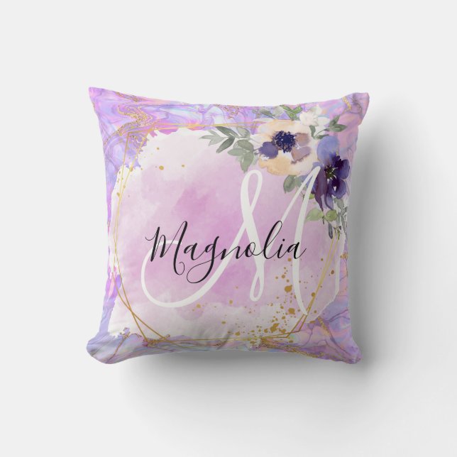 Almofada Monograma Mármore Arco-Íris Roxo, Rosa e Dourado F (Frente)