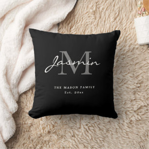 Almofada Monograma Minimalista Preto Branco Família Script
