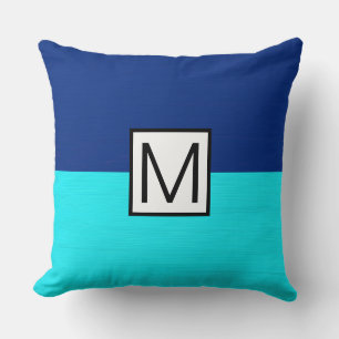 Almofada Monograma Moderno Ciano e Azul Escuro Elegante