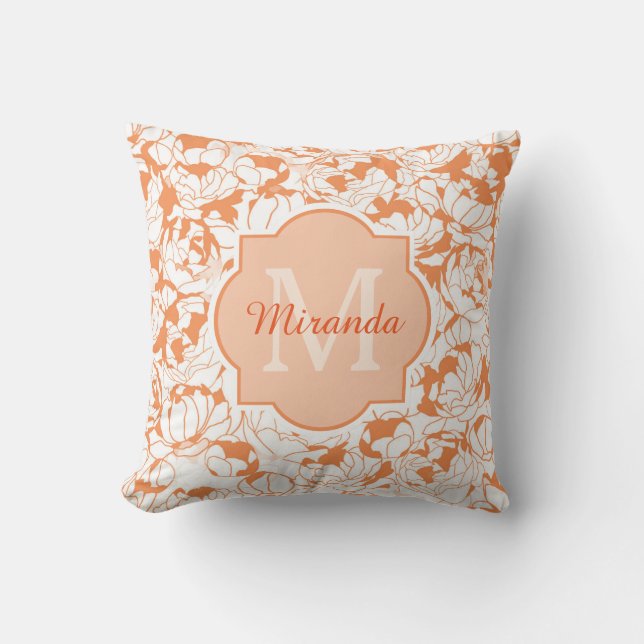 Almofada Monograma Moderno de Menina com Flores Laranja (Frente)