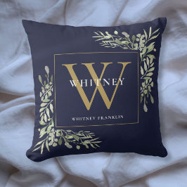 Almofada Monograma Moderno Dourado com Folhagem Azul Marinh