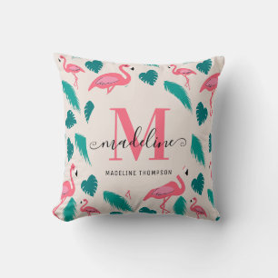 Almofada Monograma Moderno Folhas Tropicais Flamingo Rosa I