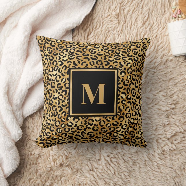 Almofada Monograma Moderno Preto Dourado Estampa de Leopard (Cobertor)