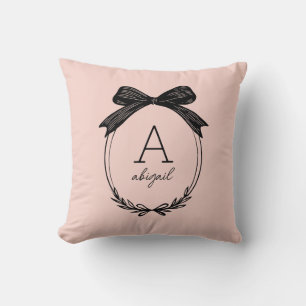 Almofada Monograma Moderno Rosa Bege com Laço Preto Feminin