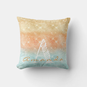 Almofada Monograma Nome do Omã Tiffany Aqua Peach Azul Dour