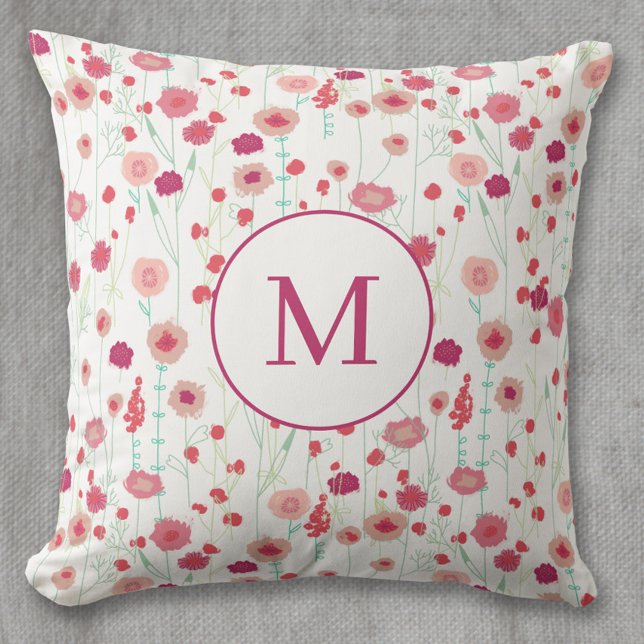 Almofada Monograma Padrão Botânico Floral Rosa (Modern floral monogram personalized initial art throw pillow)