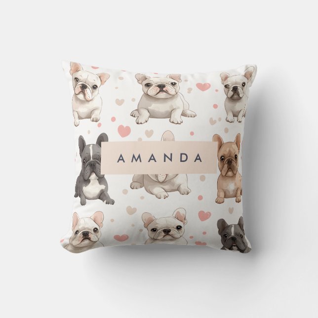 Almofada Monograma Personalizado Buldogue Francês Adorável (Frente)