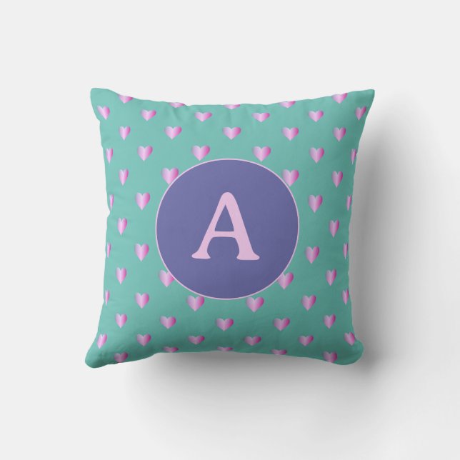Almofada Monograma Personalizado Corações Lilac Teal (Verso)