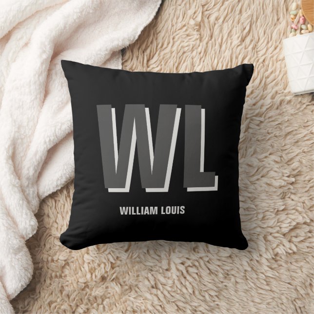 Almofada Monograma personalizado de Cinza e preto minimalis (Cobertor)