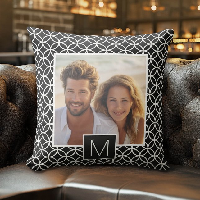 Almofada Monograma Personalizado de Colagem de Fotos Preto  (Custom Photo Pillow)
