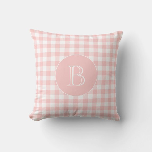 Almofada Monograma Personalizado do Padrão Gingham Cor-de-R (Frente)