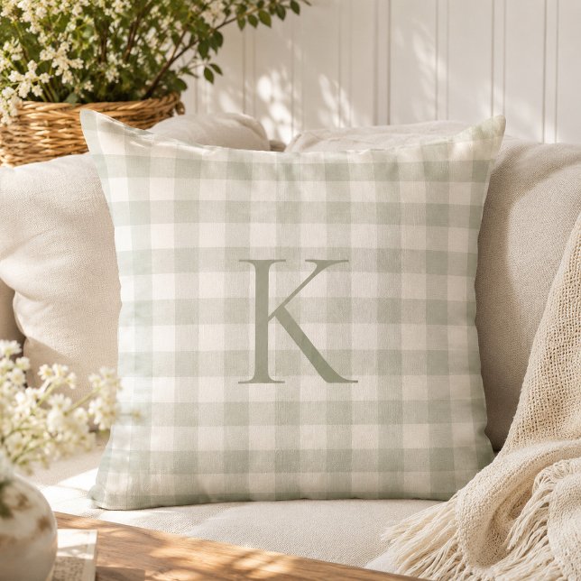 Almofada Monograma Personalizado em Gingham Sage Macio (Criador carregado)
