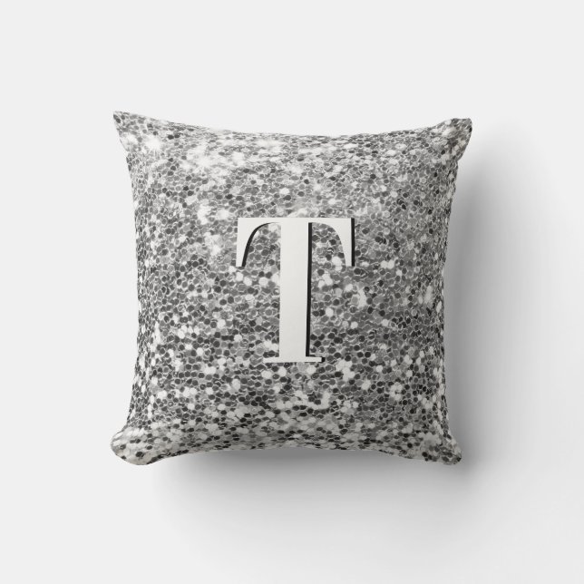 Almofada Monograma Prateado Glitter Grosso Personalizado (Frente)