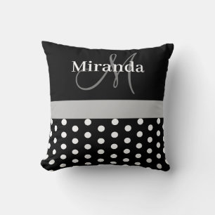 Almofada Monograma Preto Branco Cinza Script Bolinhas