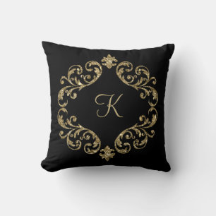 Almofada Monograma Preto Dourado Lantejoulas Damask Floresc