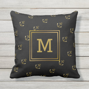 Almofada Monograma preto e Dourado do teste padrão náutic