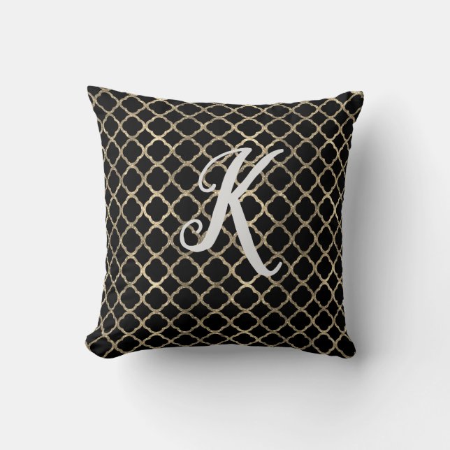 Almofada Monograma Preto e Dourado Quatrefoil (Frente)