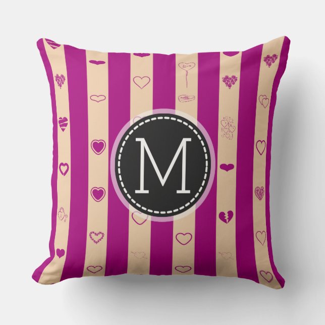 Almofada Monograma Real Fuchsia Stripe Moderno Coração (Frente)
