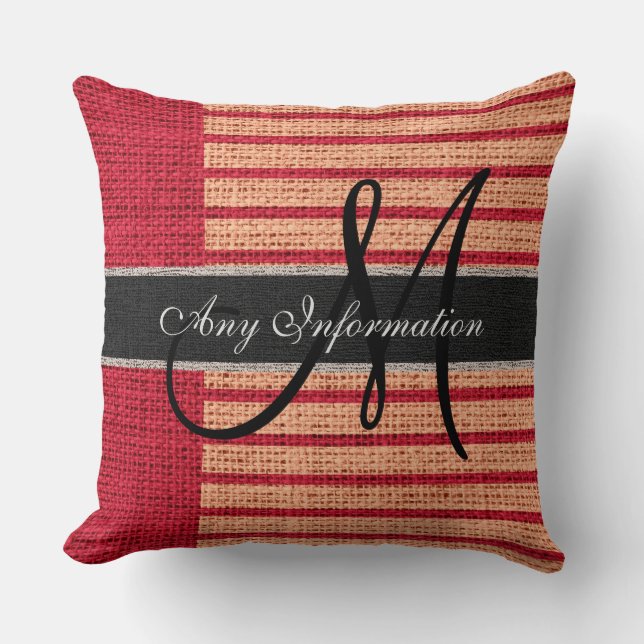 Almofada Monograma Red Strips Burlap Rustic Jute (Frente)