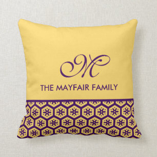 Almofada Monograma roxo da família do amarelo floral do