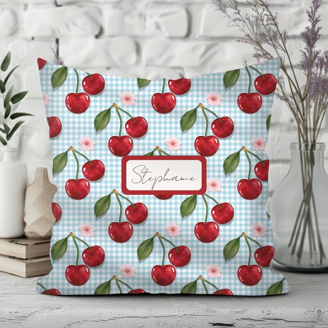 Almofada Monograma Rustic Blue Gingham E Cereries (Criador carregado)