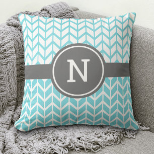 Almofada Monograma Turquoise White Chevron Padrão Cinza Neg