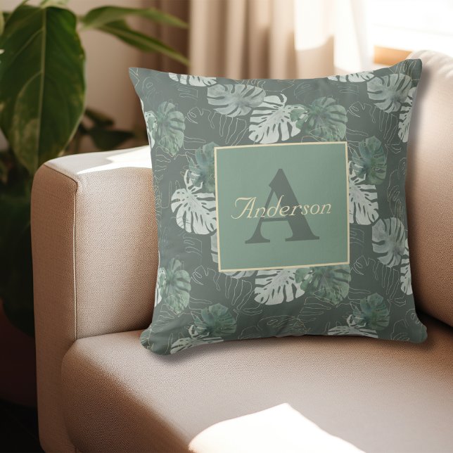 Almofada Monograma Verão Tropical Palm Deixa Aquarela (Monogram Initial and Name Summer Tropical Palm Leaves Watercolor Outdoor Pillow )