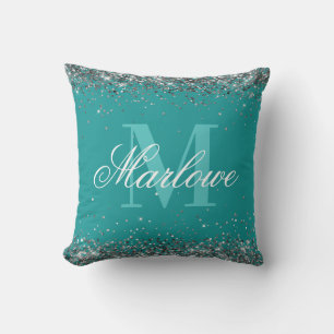 Almofada Monograma Verde Azul-Teal Azul Elegante