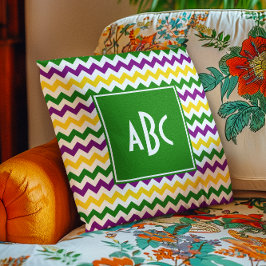Almofada Monograma Verde de Mardi Gras em Zigue-Zague
