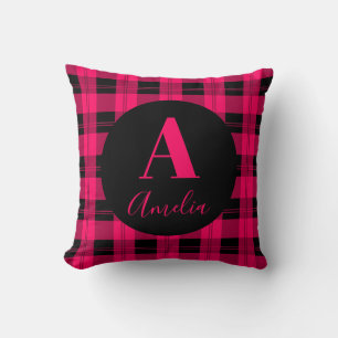 Almofada Monograma Xadrez moderna preto rosa quente