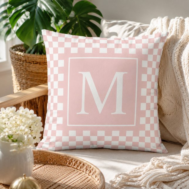 Almofada Monograma Xadrez Rosa Personalizado (Criador carregado)