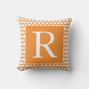 Almofada Monogramas Laranja Bolinhas Brancas Presente de ou