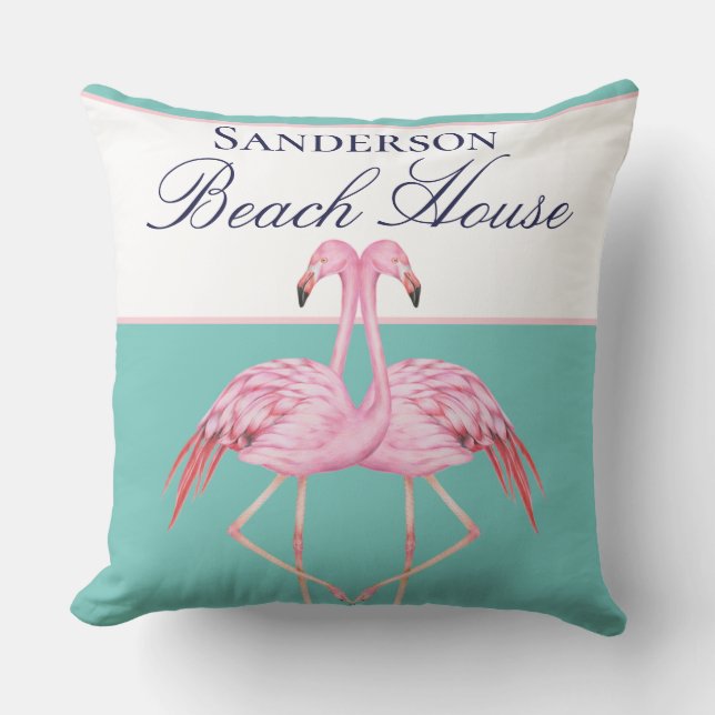 Almofada MonogramBeach house Teal marinho Blue Flamingos (Frente)