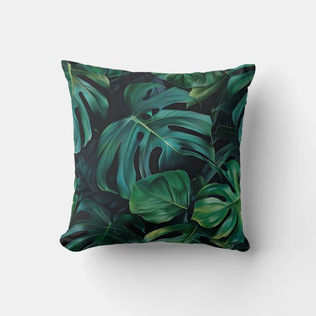 Almofada Monstera da selva verde profunda deixa flora exóti (Frente)