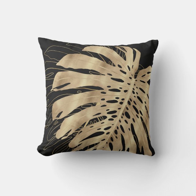 Almofada Monstera Leaf Black Design Dourado tropical (Frente)