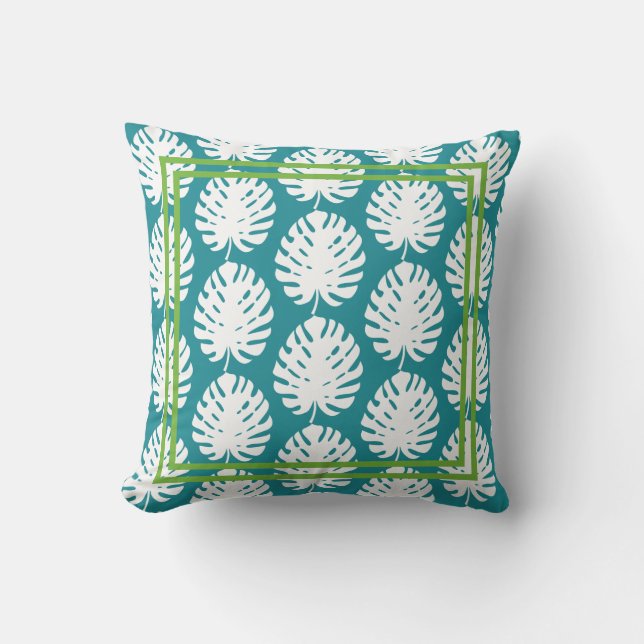 Almofada Monstera Leaf Green Aqua Patteral Beach (Frente)