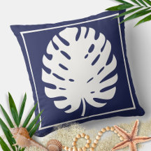 Monstera Leaf Marinho Azul e Branco Costeiro Moder